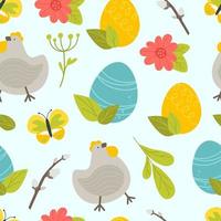 Easter pattern with a cake of eggs and chicken on a blue background. Vector illustration in a flat style