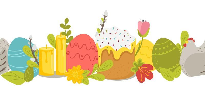 Horizontal Easter pattern with willow, multicolored eggs, cake and chicken on a white background. Vector illustration in a flat style
