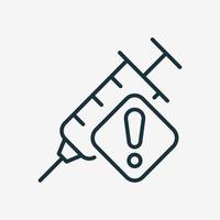 Vaccine Warning Line Icon. Vaccination Syringe with Alert Sign. Precautions about Drug, Dope, Narcotic Syringe Linear Icon. Vector illustration.