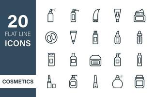 Beauty Cosmetic Products for Body, Skin and Hair Care. Set of Cosmetic Bottle Line Icons. Bottles with Spray, Dispenser, Cream Jar, Tube and different Containers. Vector illustration.