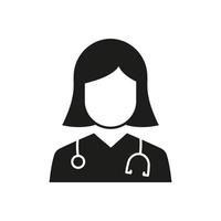 médico profesional con icono de silueta de estetoscopio. mujer médica especialista y asistente pictograma negro. ilustración vectorial aislada. vector