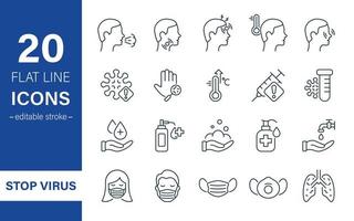 Coronavirus and Flu Linear Icon Set. Coronavirus Safety, Mask Protection, Flu Disease Prevention and Symptoms Pictogram. Washing Hand, Antiseptic and Sanitizer. Vector illustration