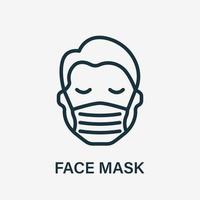 hombre en icono de línea de máscara facial. máscara de protección facial médica que cubre la boca y la nariz del ser humano. use respirador contra virus, contaminación del aire, polvo y alergias. ilustración vectorial vector