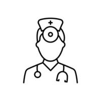 Otolaryngologist Doctor Line Icon. Otolaryngology Medic Staff with Stethoscope, Mirror Linear Pictogram. Ear, Nose, Throat Doctor Outline Icon. Isolated Vector Illustration.