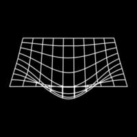 Mesh with Convex Distortion. Plane White Wave Grid. Distorted Grid Futuristic Wireframe Pattern. 3d Warp Geometric Shape with Curve Wavy Line on Black Background. Isolated Vector Illustration.