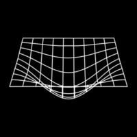 Mesh with Convex Distortion. Plane White Wave Grid. Distorted Grid Futuristic Wireframe Pattern. 3d Warp Geometric Shape with Curve Wavy Line on Black Background. Isolated Vector Illustration.