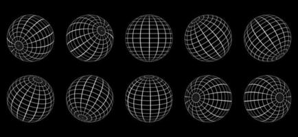 White Globe Grid Sphere Set on Black Background. 3D Wire Global Earth Latitude, Longitude. Wired Line 3D Planet Globe. Geometric Round Grid Mesh Ball. Wireframe Globe Surface. Isolated Vector. vector