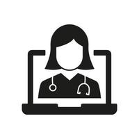 icono de servicio de medicina virtual. telemedicina icono de silueta de medicina digital en línea. médico en computadora atención médica pictograma negro en línea. ilustración vectorial aislada. vector