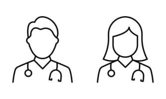 Two Medic Professional Assistants with Stethoscope Line Icon. Male and Female Physicians Specialist Linear Pictogram. Man, Woman Doctors Outline Icon. Isolated Vector Illustration.