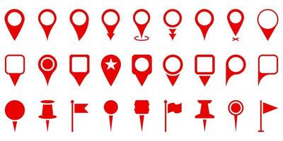 Red Location Pins Set Silhouette Icon. Marker Point on Map, Place Location Pictogram. Flag Mark, Thumbtack Sign. Pointer Navigation Symbol. Red GPS Tag Collection. Isolated Vector Illustration.