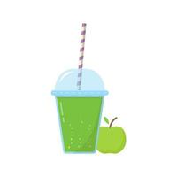 Apple Juice in Plastic Cup with Straw. Apple Fresh Lemonade Illustration. Fresh Ice Fruit Cocktails in Glass with Cap. Isolated Vector. vector