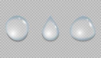 gotas de agua realistas sobre fondo transparente. gotas de agua clara y fresca. colección de gotas 3d de condensación pura. superficie lisa de la gota de lluvia. ilustración vectorial aislada. vector