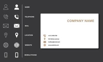 Empty White Business Card Template on Black Background. Contact Information Icons Set. Address, Mobile Phone, Location, Name, Mail, Website Icons Set. Blank White Business Card. Vector Illustration.