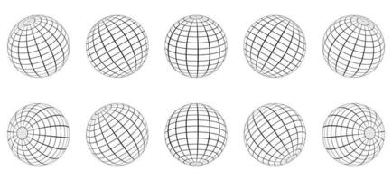 Globe Grid Sphere Set. 3D Wire Global Earth Latitude, Longitude. Geometric Grid Globe. Wired Line 3D Planet Globe. Round Grid Mesh Ball. Wireframe Globe Surface. Isolated Vector Illustration.