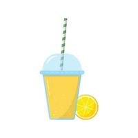 Lemon Lemonade in Glass with Cap and Straw Illustration. Slice of Lemon with Fresh Juice on White Background. Ice Fruit Cocktails in Cup. Healthy Drink. Isolated Vector. vector