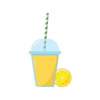 Lemon Lemonade in Glass with Cap and Straw Illustration. Slice of Lemon with Fresh Juice on White Background. Ice Fruit Cocktails in Cup. Healthy Drink. Isolated Vector. vector