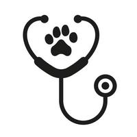 Stethoscope and Animal Footprint Veterinary Concept Silhouette Icon. Veterinarian Medicine Equipment Glyph Pictogram. Pet, Dog, Cat Health Care Service Icon. Isolated Vector Illustration.