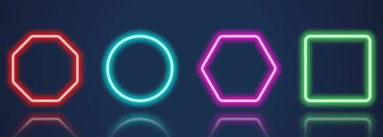 Glowing Neon Frames on Dark Blue Background Set. Frames with Neon Colored Border in Different Geometric Shapes. Collection of Shiny Neon Frames with Reflection Effect. Isolated Vector Illustration.