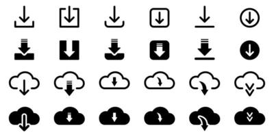 conjunto de iconos de línea y silueta de botón de descarga. nube, círculo, flecha hacia abajo cargar símbolo de concepto. descargue la aplicación web, archivo, video, pictograma de documento. ilustración vectorial aislada. vector