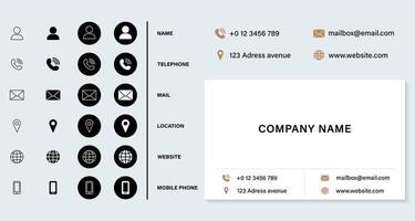 Business Card Template in Modern Elegant Design. Contact Information Icons Set. Address, Mobile Phone, Location, Name, Mail, Website Icons Set. Blank White Business Card Layout. Vector Illustration.