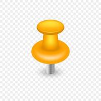 Yellow Plastic Push Pin Button. Single Thumbtack with Needle on Transparent Background. Realistic Yellow Pushpin for Tack Paper on Notice Board. Office Stationery. Isolated Vector Illustration.