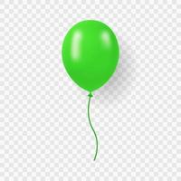 Single Green Balloon with Ribbon on Transparent Background. Round Air Ball with String for Party, Birthday, Anniversary, Celebration. Green Realistic Ballon. Isolated Vector Illustration.