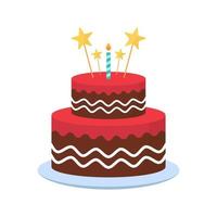 Delicious Cake with Candles for Birthday Party. Cute Cake with Icing Cream on Plate for Birthday, Anniversary, Wedding. Colorful Sweet Tasty Bakery. Isolated Vector Illustration.