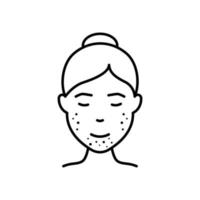 mujer con espinilla, acné, erupción en el icono de la línea facial. chica con icono de contorno de cara de espinillas. alergia, inflamación de la piel, problema dermatológico. ilustración vectorial aislada. vector