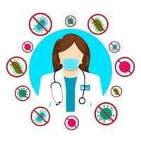 Healthcare services. Attack of different bacteria. Bacteria protection. Doctor with a mask on face vector