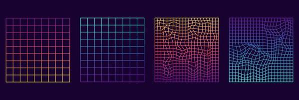 Set of Distorted Grid Square Neon Pattern. Warp Futuristic Geometric Square Glitch. Abstract Modern Design. Wave Ripple Perspective Square. Isolated Vector Illustration.