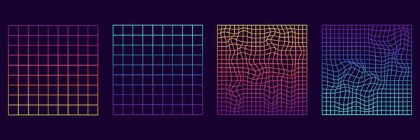 Set of Distorted Grid Square Neon Pattern. Warp Futuristic Geometric Square Glitch. Abstract Modern Design. Wave Ripple Perspective Square. Isolated Vector Illustration.