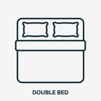 Double Bed Line Icon. Pillow and Blanket Outline Pictogram. Bedding Linear Icon. Top view. Size of Bed. Logo for interior store. Vector illustration.