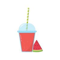 jugo de sandía fresca en vaso con tapa. corte los cócteles de frutas de bayas y hielo en un vaso de plástico con pajita. ilustración de limonada fresca de sandía. vector aislado.