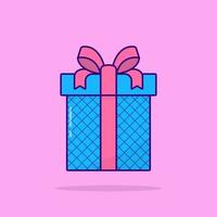 Blue Gift Box with Ribbon Bow. Surprise for Birthday, Christmas, New Year, Wedding, Anniversary. Present Box in Wrap on Colorful Background. Flat Cartoon Style. Isolated Vector Illustration.