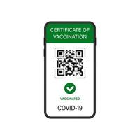 certificado de vacunación digital y pasaporte sanitario verde. certificado de vacuna e inmunidad de covid en aplicación de teléfono móvil. pantalla de pasaporte verde con código qr. ilustración vectorial aislada. vector