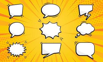 Set of Comic Speech Bubbles on Yellow Pop Art Background. Collection Empty Retro Bubbles with Halftone. Cartoon Speech Balloons for Chat, Dialog, Text Message. Isolated Vector Illustration.