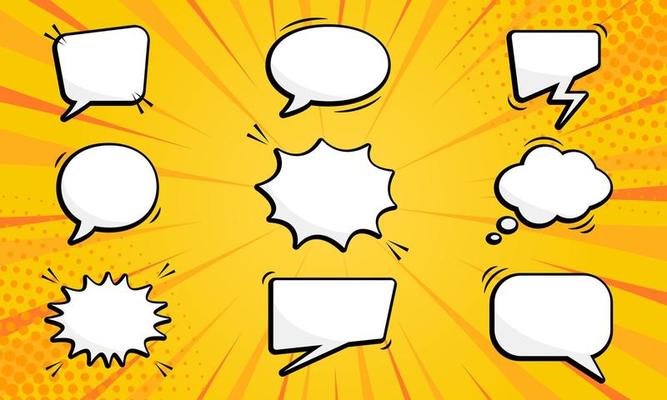 Set of Comic Speech Bubbles on Yellow Pop Art Background. Collection Empty Retro Bubbles with Halftone. Cartoon Speech Balloons for Chat, Dialog, Text Message. Isolated Vector Illustration.
