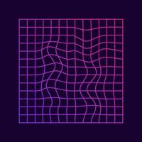 Distorted Grid Square Neon Pattern. Glitch, Synthwave, Vaporwave, Retrowave. Futuristic Wave Geometric Background. Ripple Perspective Square. Isolated Vector Illustration.