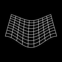 Plane White Wave Grid on Black Background. Mesh with Convex Distortion. 3d Warp Geometric Shape with Curve Wavy Line. Distorted Grid Futuristic Wireframe Pattern. Isolated Vector Illustration.