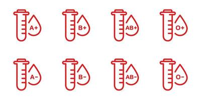 grupo de sangre en el icono de línea roja del tubo de vidrio de prueba. positivo y negativo o, a, b, ab tipos de conjunto de signos de sangre. muestra del icono de contorno del tipo de sangre. recogida de gotas de plasma. ilustración vectorial aislada. vector