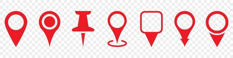 Red Location Pointer Set on Transparent Background. Map Marker Points Icon. Red GPS Tag and Thumbtack Sign Collection. Pointer Navigation Symbol. Isolated Vector Illustration.
