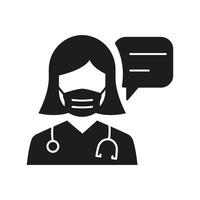 médico en máscara con icono de silueta de concepto de consulta de burbuja de voz. icono negro de chat de atención médica. pictograma parlante médico. conversación médica. ilustración vectorial aislada. vector