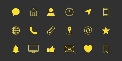 Business Card Line Icon Set. Yellow Simple Communication Linear Icon. Contact Info Pictogram. Address, Email, Phone, Message, Chat. Set of Website Pictogram. Vector illustration.