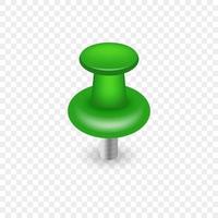 Single Realistic Green Pushpin on Transparent Background. Thumbtack with Needle. Office Stationery for Tack Paper on Notice Board. Green Plastic Push Pin Button. Isolated Vector Illustration.