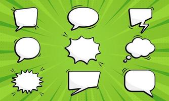 Hand Drawn Retro Cartoon Stickers in Pop Art Style. Set of Comic Speech Bubbles on Green Pop Art Background. Speech Balloons with Halftone for Chat and Text Message. Isolated Vector Illustration.