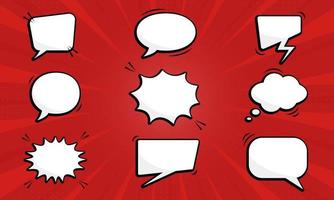 Cartoon Funny Speech Bubbles on Red Pop Art Background. Set of Comic Speech Balloons with Halftone. Collection Empty Retro Bubbles for Chat, Dialog, Text Message. Isolated Vector Illustration.