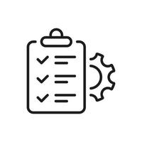 Project Management Line Icon. Gear, Clipboard and Project Setting Checklist Outline Icon. Efficiency Linear Pictogram. Control Document Outline Icon. Isolated Vector Illustration.