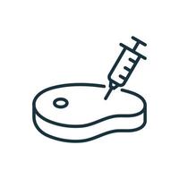 Antibiotic, Hormone Injection Meat Line Icon. Syringe with Needle and Meat Artificial Food Concept Linear Pictogram. Gmo Growing Meat in Medical Laboratory Outline Icon. Isolated Vector Illustration.