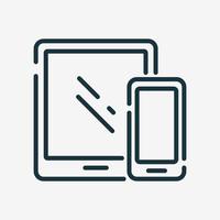 Tablet and Mobile Phone Line Icon. Connected or Sync of Devices Linear Pictogram. Synchronization Digital Technology Outline Icon. Isolated Vector Illustration.