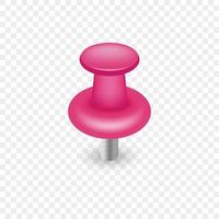 Pink Plastic Push Pin Button. Single Thumbtack with Needle on Transparent Background. Realistic Pink Pushpin. Office Stationery for Tack Paper on Notice Board. Isolated Vector Illustration.